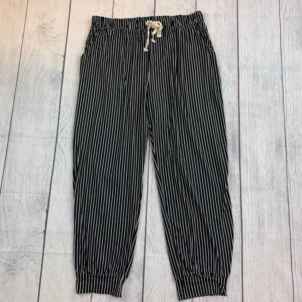 Mts Casual Pants sz XL Black White Striped Inseam 27" Pull on Style Cuffed